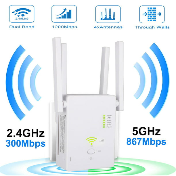 Dual Band 4 Antennas Full Coverage Wireless Signal Amplifier Repeater WiFi Extender 1200Mbps Internet WiFi Booster Coverage Up to 3000sq.ft 2.4 & 5GHz WiFi Range Extender Signal Booster for Home 